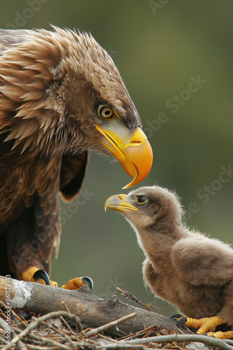 Adult eagle nurturing baby eagle in nest photo