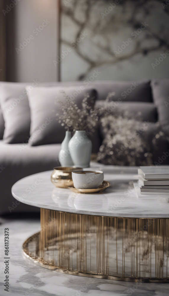 Gray fabric sofa and marble stone coffee table Hollywood regency style interior design of modern liv Gray fabric sofa and marble stone coffee table Hollywood regency style interior design of modern liv