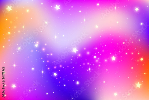 Purple gradient sky with stars. Abstract night space. Vector universe mesh background. Magic vibrant cosmos with sparkles. Liquid holographic iridescent illustration.