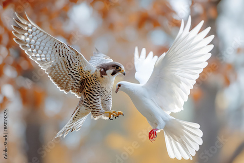 Saker falcon attacking white dove in flight photo