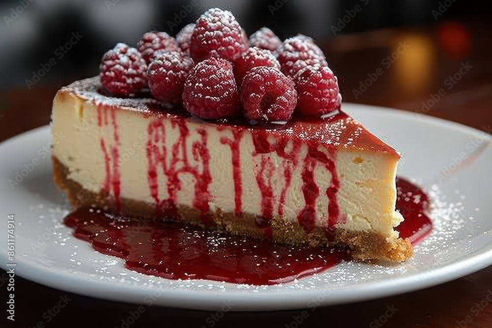 A decadent slice of cheesecake topped with fresh raspberries and a drizzle of raspberry coulis. A decadent slice of cheesecake topped with fresh raspberries and a drizzle of raspberry coulis.