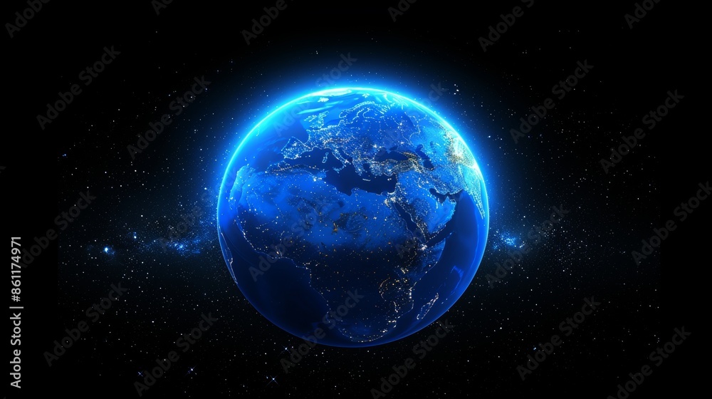 3d blue earth globe with continent outlines amidst starry black space background 3d blue earth globe with continent outlines amidst starry black space background