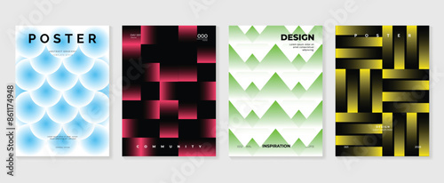 Abstract gradient poster background vector set. Minimalist style cover template with vibrant perspective 3d geometric prism shapes collection. Ideal design for social media, cover, banner, flyer.