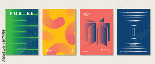 Abstract gradient poster background vector set. Minimalist style cover template with vibrant perspective 3d geometric prism shapes collection. Ideal design for social media, cover, banner, flyer.