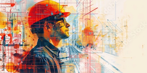 An engineer wearing a hard hat is looking at the progress of construction of a building. AIGZ01