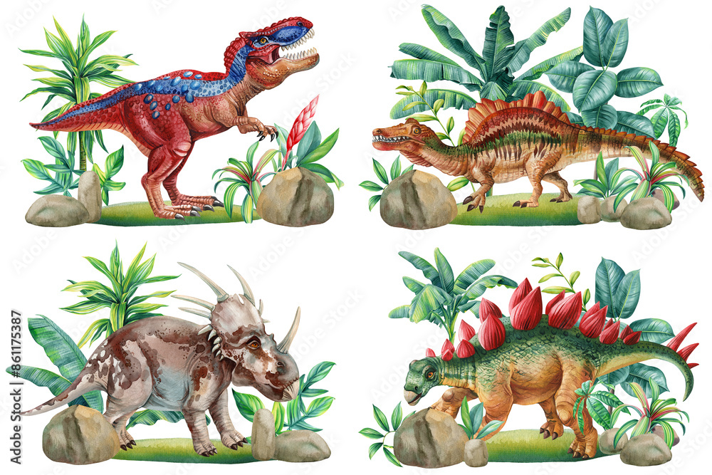 Fototapeta premium Dinosaurs in jungle forest, watercolor drawing of a stegosaurus dinosaur. Hand painted animal with prehistoric landscape