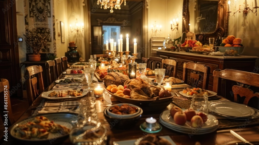 a long carved dining table, seating six, in the center of which are various foods and there are candles, a set of cutlery on the side, in a luxurious house. a long carved dining table, seating six, in the center of which are various foods and there are candles, a set of cutlery on the side, in a luxurious house.