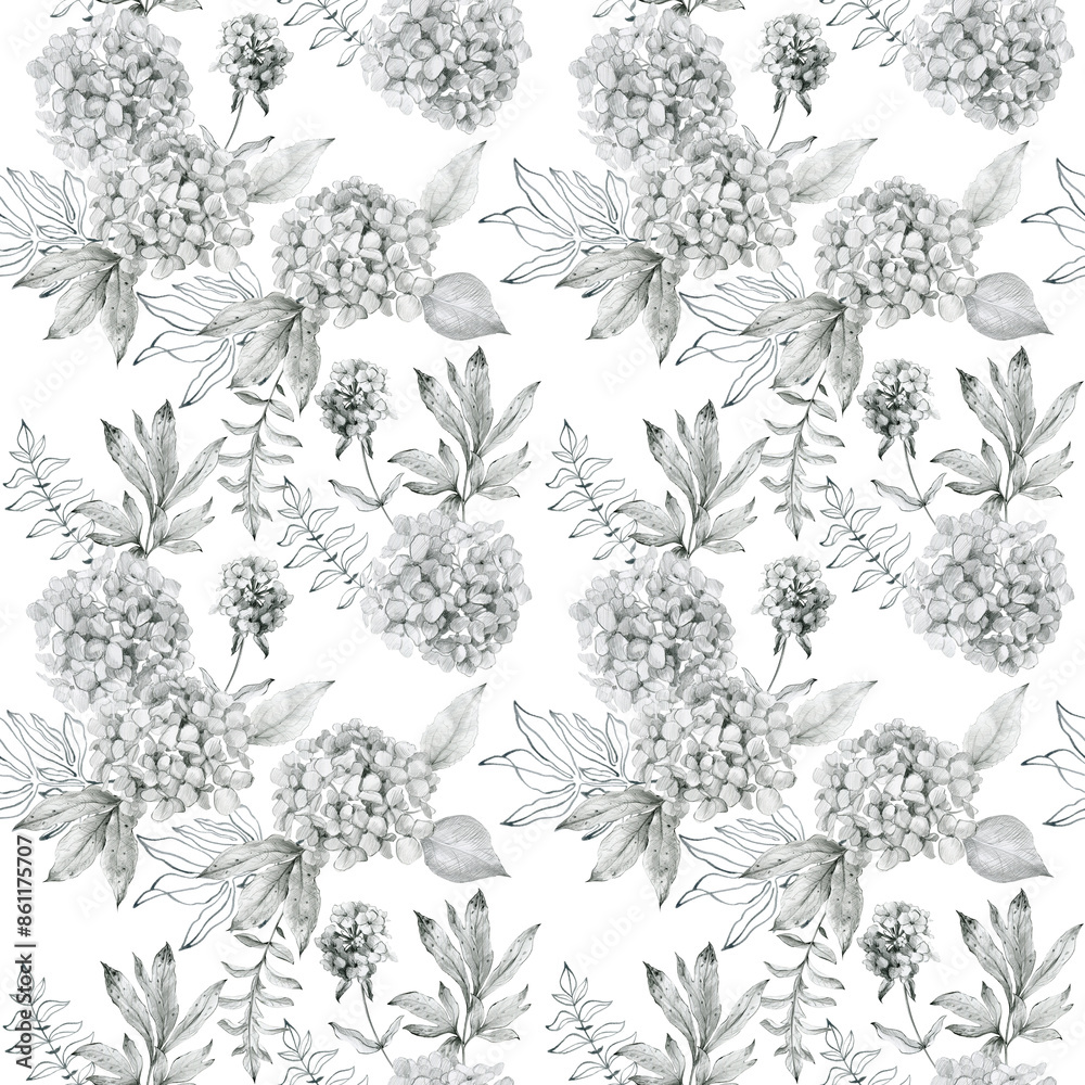 Fototapeta premium Watercolor seamless pattern with hydrangea. Pencil graphics.
