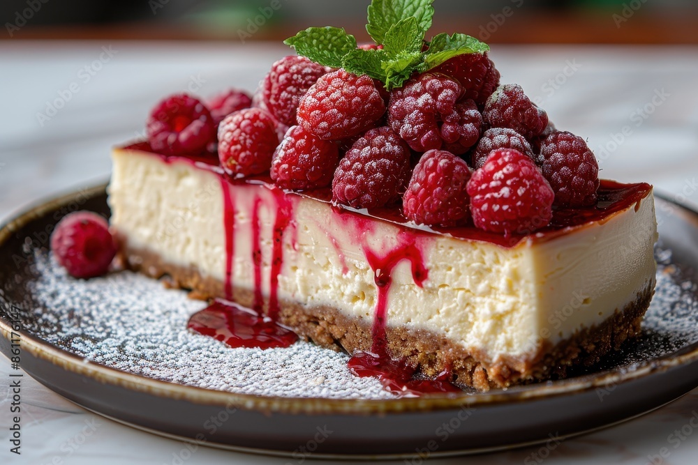 A decadent slice of cheesecake topped with fresh raspberries and a drizzle of raspberry coulis. A decadent slice of cheesecake topped with fresh raspberries and a drizzle of raspberry coulis.