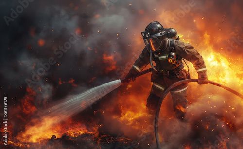 Firefighter battling intense flames and thick smoke.