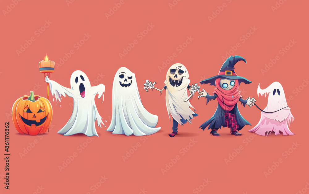 Fototapeta premium A group of Halloween characters are holding hands