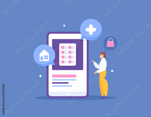 online drug store. health shop. medical market. shopping for medicines via the internet. illustration of a man wanting to buy using a smartphone. technology and health. illustration concept design