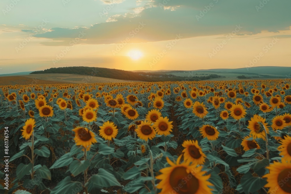 Obraz premium Sunflower field at sunset. Beautiful summer landscape with sunflowers