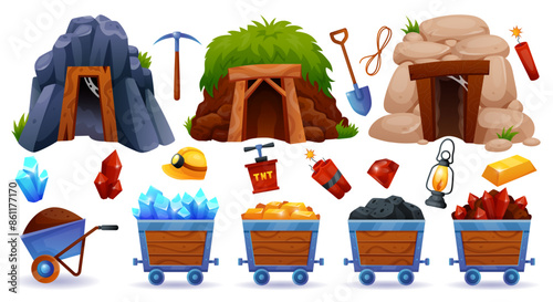 Mine cave entrance. Treasure mining. Cart with coal and gemstone crystals. Goldmine tunnel with wooden beams. Game icons. Gold box. 3D collieries hole. Miner tools. Vector tidy geological elements set