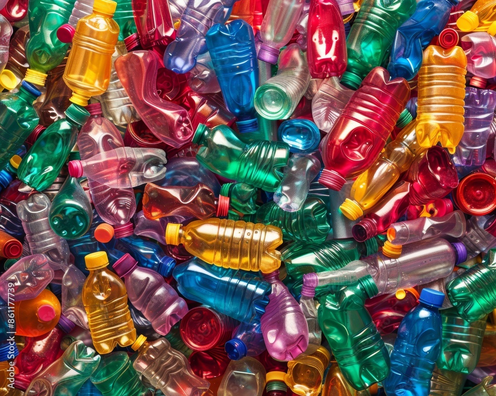 A vibrant photograph showcasing a large heap of assorted empty plastic bottles, vividly colored and arranged in a chaotic yet compelling composition