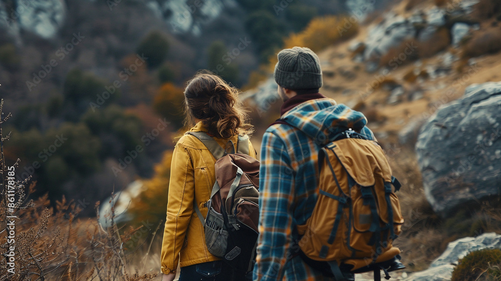 Pair hiking uphill carrying rucksacks Pair hiking uphill carrying rucksacks
