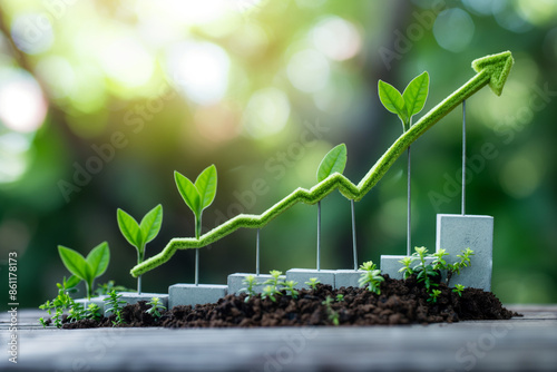 Conceptual image of a growing plant graph with upward arrow representing business growth in a green natural setting photo