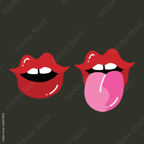 Pop art concept represented by female mouth icon. Vintage poster with red lips. Illustration of sexy lips wearing red lipstick with pink tongue sticking out