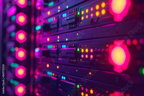A striking image featuring a row of network servers illuminated with vibrant LED lights, showcasing vivid colors and advanced technology