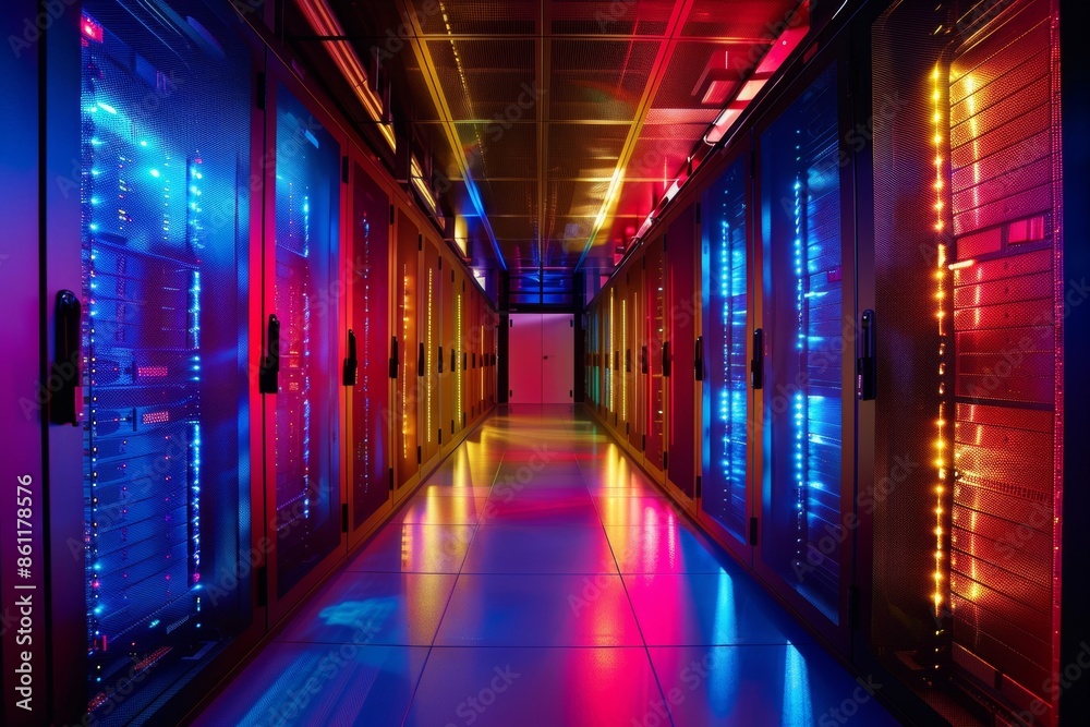 A striking image featuring a row of network servers illuminated with vibrant LED lights, showcasing vivid colors and advanced technology A striking image featuring a row of network servers illuminated with vibrant LED lights, showcasing vivid colors and advanced technology