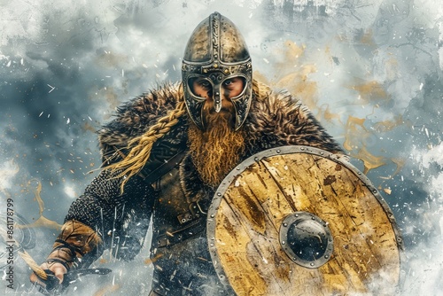 Watercolor portrait of stoic bearded viking warrior in battle helmet on white background