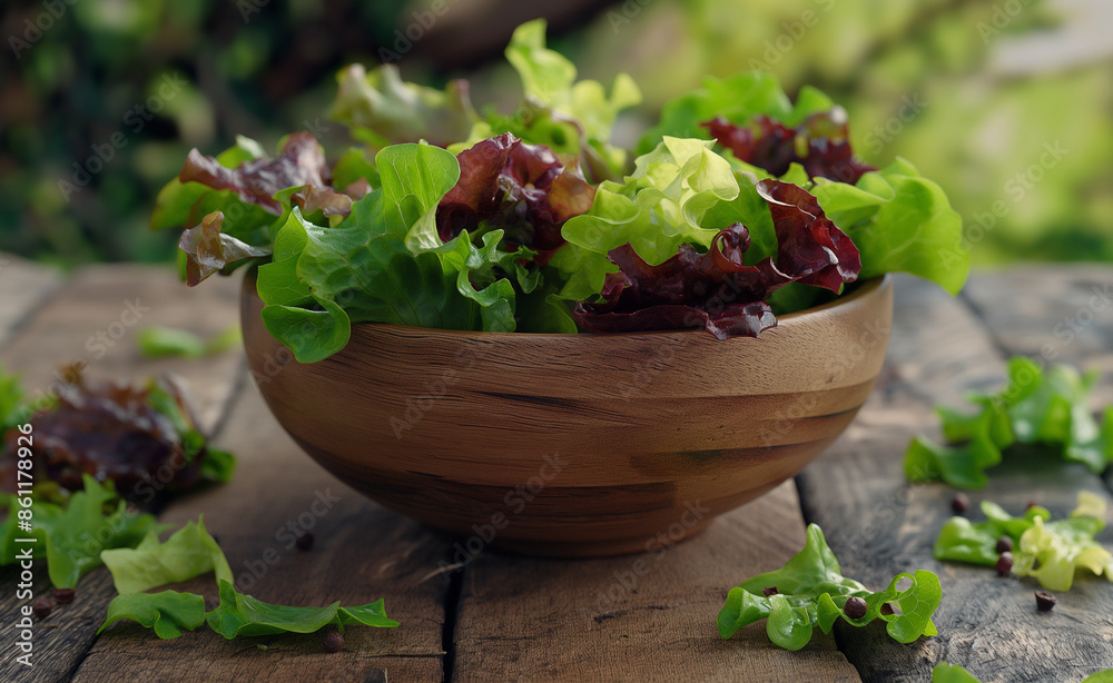 Fresh mixed salad leaves in a wooden bowl on a rustic wooden table.
Fresh mixed salad leaves in a wooden bowl on a rustic wooden table.