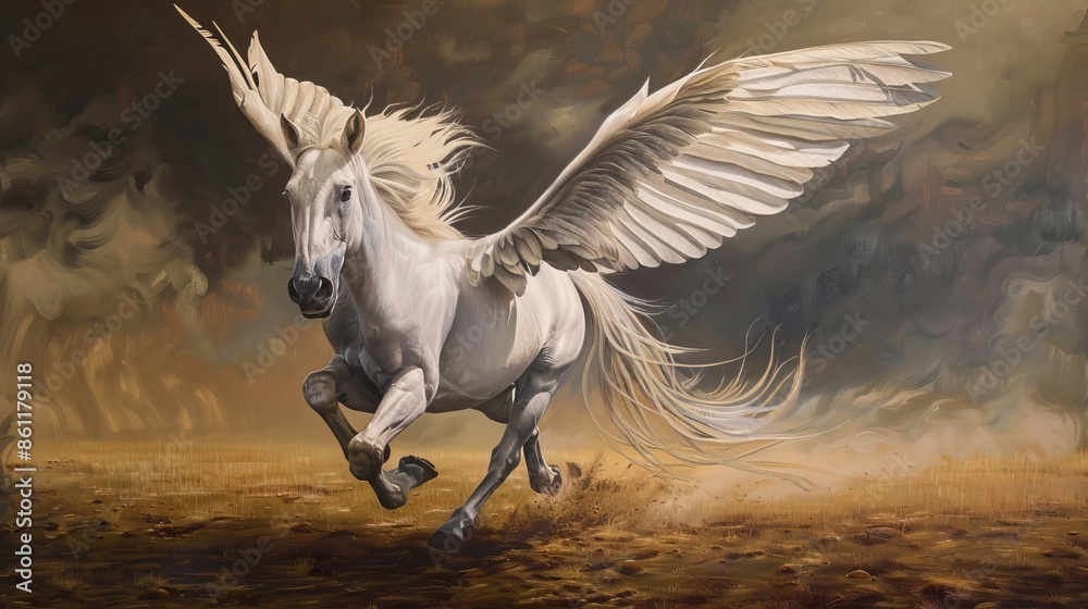 Pegasus running towards us with wings up Pegasus running towards us with wings up