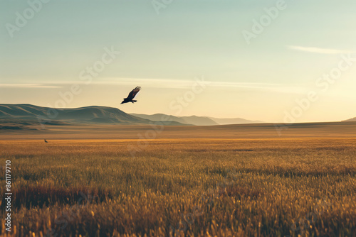 Bird of prey flying over a golden field at sunset