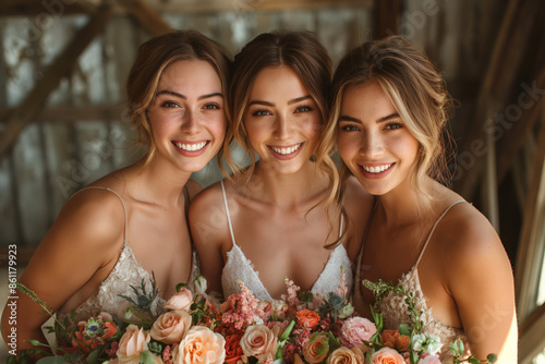 Three smiling women in bridesmaid dresses hold a bouquet of flowers in a barn