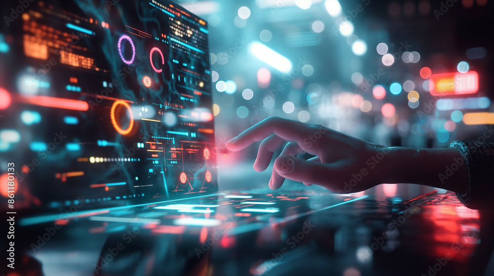 Hand interacting with a futuristic holographic display screen. Hand interacting with a futuristic holographic display screen.