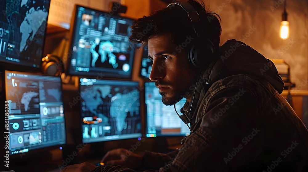 Hacker Strategizing Cyber Attack Plan on Multiple Screens in Intense Dark Setting Hacker Strategizing Cyber Attack Plan on Multiple Screens in Intense Dark Setting