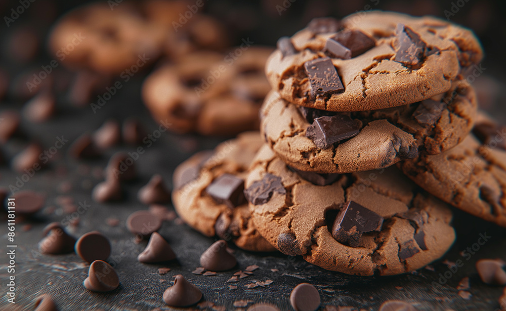 Stack of chocolate chip cookies with scattered chocolate chips. Stack of chocolate chip cookies with scattered chocolate chips.
