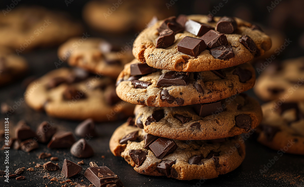 Fototapeta premium Stack of chocolate chip cookies with scattered chocolate chips.