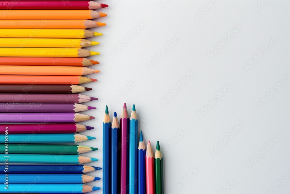A row of colorful pencils are lined up on a white background. The pencils are arranged in a way that they form a diagonal line, creating a sense of movement and direction A row of colorful pencils are lined up on a white background. The pencils are arranged in a way that they form a diagonal line, creating a sense of movement and direction