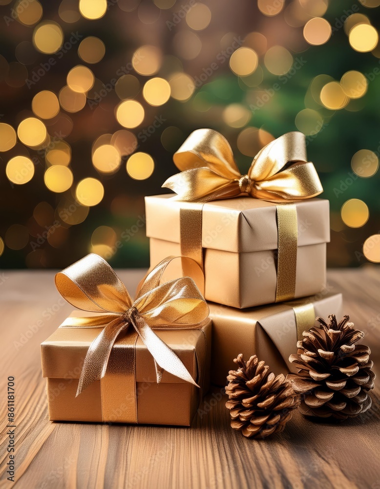 Two gift boxes with gold ribbons and pine cones on a wooden table, lights blurred Two gift boxes with gold ribbons and pine cones on a wooden table, lights blurred