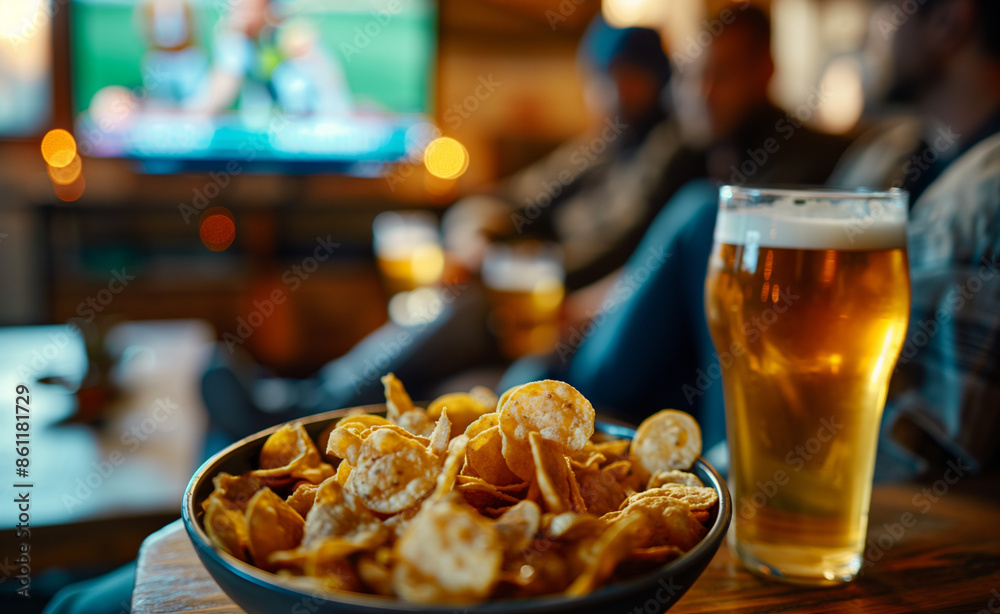 Friends watching a game on TV with a bowl of chips and beer on the table. Friends watching a game on TV with a bowl of chips and beer on the table.