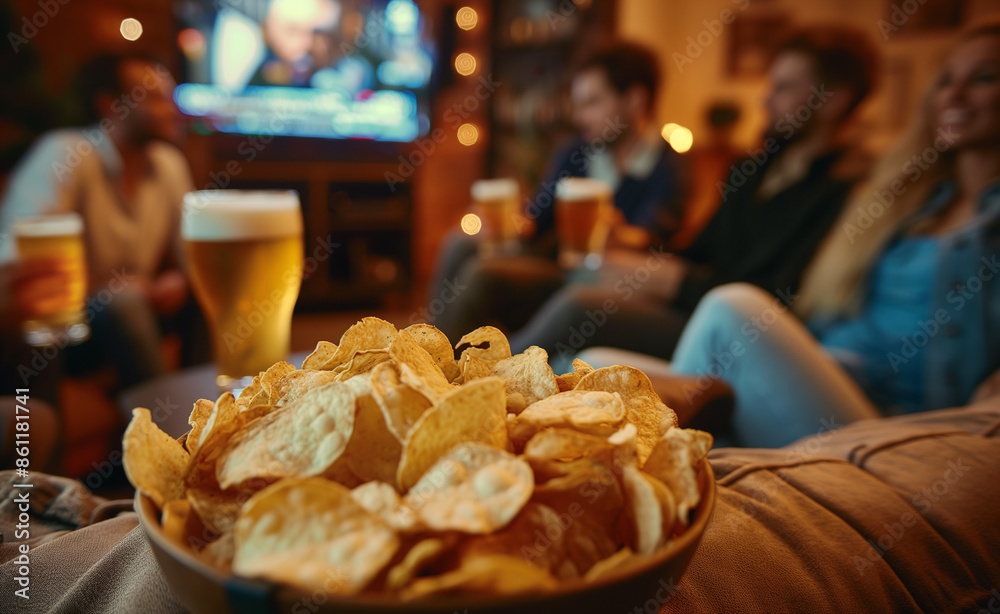 Fototapeta premium Friends watching a game on TV with a bowl of chips and beer on the table.