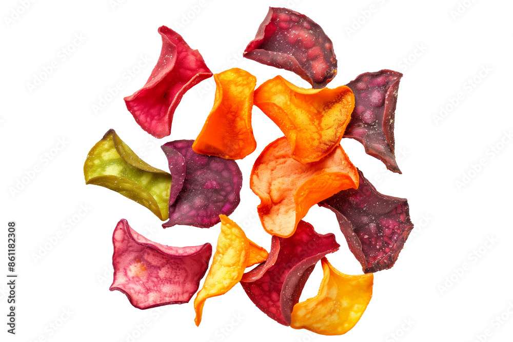 An assortment of vibrant vegetable chips isolated against a transparent backdrop An assortment of vibrant vegetable chips isolated against a transparent backdrop