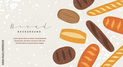 Modern background with fresh baked bread. Whole grain, rice, and wheat bread, ciabatta, baguette. Vintage style textured illustration. Vector design template for ads, banner, cover, label, poster.