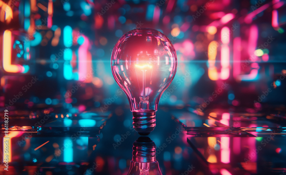 Glowing light bulb in a futuristic, neon-lit hallway. Glowing light bulb in a futuristic, neon-lit hallway.