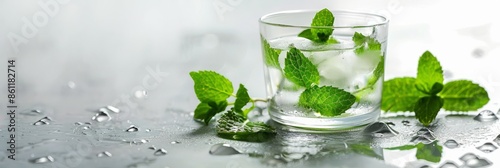 A close-up photo of a glass of water with mint leaves submerged inside. The glass sits on a wet surface with water droplets scattered around