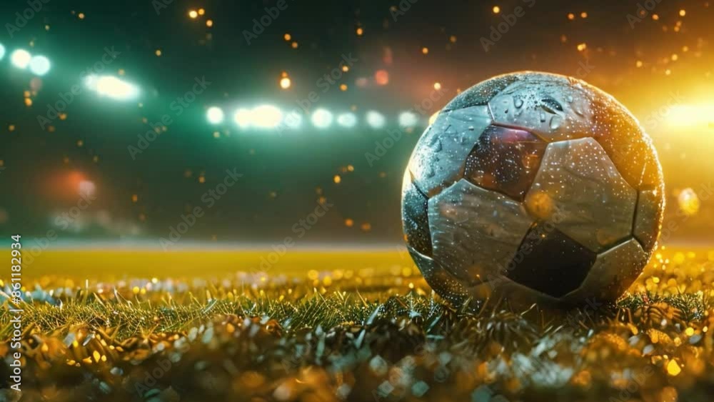 A soccer ball sits on moist grass in a stadium, emphasizing the drama of sports A close-up of a soccer ball lying on the grass with a blurry background A soccer ball sits on moist grass in a stadium, emphasizing the drama of sports A close-up of a soccer ball lying on the grass with a blurry background