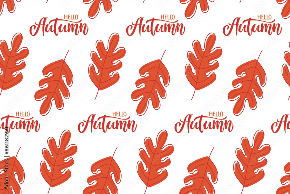 Hello Autumn background. Oak Leaf with text. Seamless Leaf pattern in orange color. Vector illustration in doodle style. Repeated Vector repeated background for wallpaper, wrapping, packing, textile