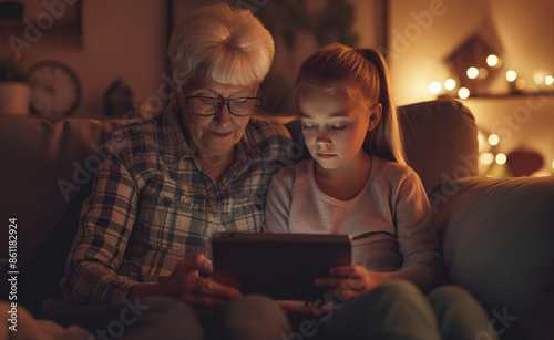 Elderly woman and young girl sitting together, looking at a tablet.