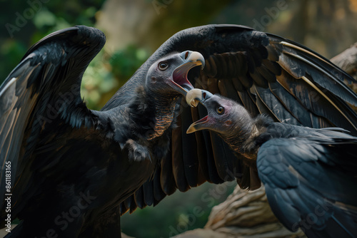 Two black vultures squawking with open beaks and spread wings photo