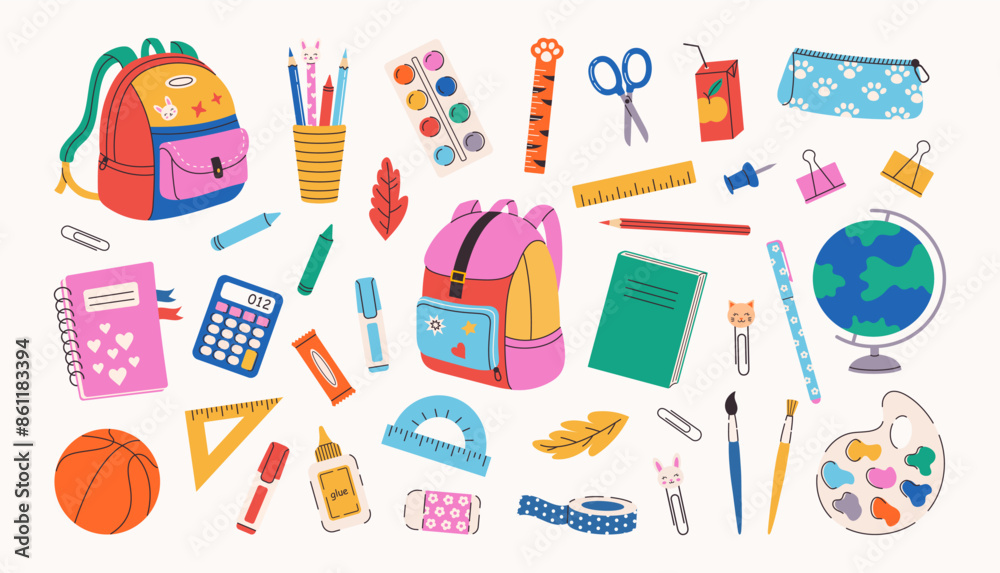 School supplies set. Backpack, book, globe, paints, ruler, pen, pencil, calculator, pencil box, brushes, glue. Vector illustration for study, school, university.