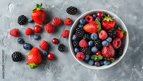 Different fresh ripe berries in bowl on light grey table, top view