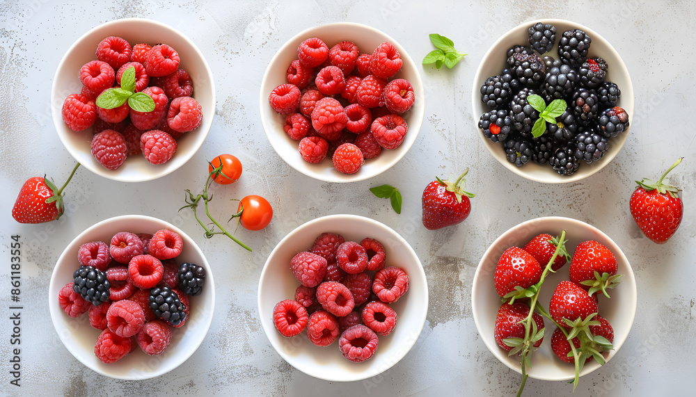 Different fresh ripe berries in bowl on light grey table, top view Different fresh ripe berries in bowl on light grey table, top view