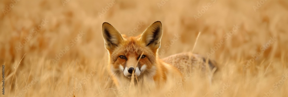 A fox lying down in a golden grassy field, looking alert and blending seamlessly with its surroundings, capturing a peaceful moment in nature. A fox lying down in a golden grassy field, looking alert and blending seamlessly with its surroundings, capturing a peaceful moment in nature.