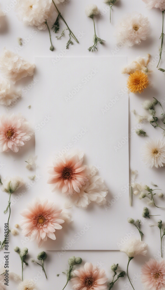 Vertical top view blank card with flowers Abstract organic flowers Blooming floral on white backgrou Vertical top view blank card with flowers Abstract organic flowers Blooming floral on white backgrou